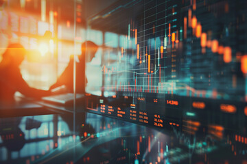 Wall Mural - A close-up view of a computer screen displaying stock exchange graph and chart representing increased and decreased price in the trading room. 