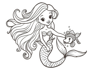 Sketch outline of a mermaid with a fish friend, outlined for coloring, on a white background.