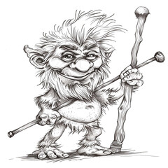 Sketch outline of a troll with a club, outlined for coloring, on a white background.