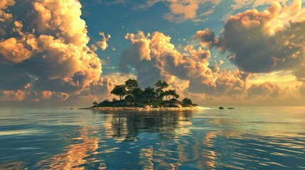 Wall Mural - Tropical island with beautiful clouds over a golden evening ocean