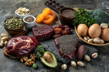 Wall Mural - A diverse selection of food items including meat, eggs, nuts, and more