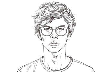 Wall Mural - Sketch outline of an attractive young man with glasses, outlined for coloring, on a white background.