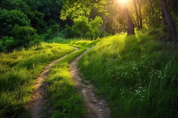 Wall Mural - A dirt road winding through a dense green forest environment on a sunny day, A sunlit trail meandering through a lush meadow