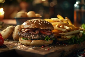 Wall Mural - A juicy hamburger and crispy French fries on a clean cutting board, perfect for food photography or kitchen scenes