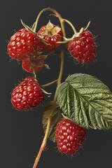 Sticker - Fresh raspberries on a green branch with leaves, ideal for food and nature themes