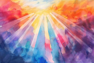 Wall Mural - Watercolor illustration of the sun with vibrant rays, ideal for use in designs related to warmth, happiness, and sunshine