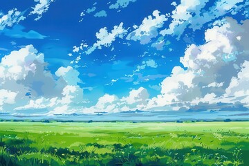 Grass Field landscape with blue sky and white cloud. Blue sky clouds sunny day wallpaper. Cartoon illustration of a Grass Field with blue sky in Summer. green field in a day.