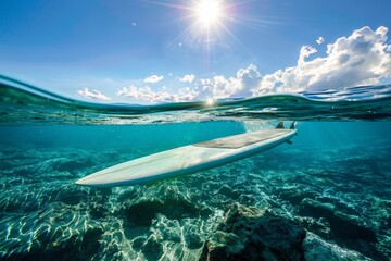 A white surfboard buoyantly floats on the clear blue ocean water, A surfboard floating in clear blue water with the sun shining above