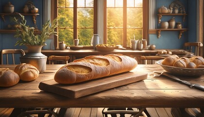 Wall Mural - baguette bread on a wooden table in a rustic style kitchen