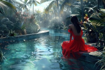 Wall Mural - A woman sits in a pool wearing a bright red dress, perfect for a summer evening or a fashion photo shoot