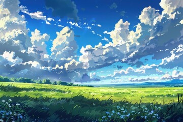 Wall Mural - grass field landscape with blue sky and white cloud. blue sky clouds sunny day wallpaper. cartoon il