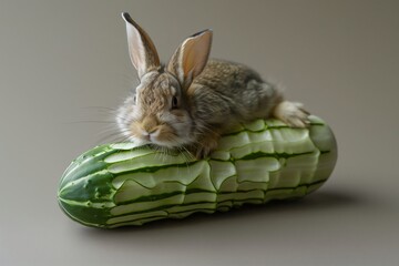 Adorable baby rabbit posing on a green cucumber on a seamless background