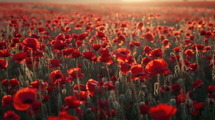 Sticker - Field of red flowers illuminated by the warm sunlight