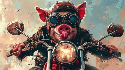 Wall Mural - Smile pig riding future motorcycle wearing punk costume and helmet. tongue sticking out