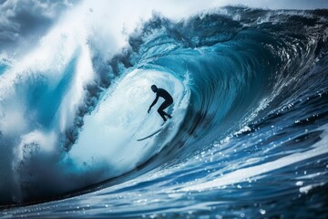 A man skillfully rides a tube wave on his surfboard, showcasing perfect form and balance, A surfer riding a tube wave with perfect form