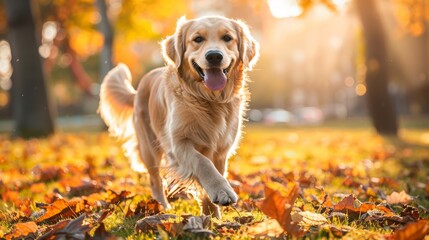 Poster - Golden Retriever Dog Playing in the Park -