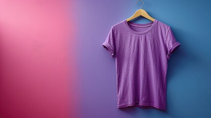 Wall Mural - Plain purple t-shirt on a hanger Displayed on a simple, clean background.