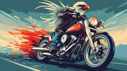 Wall Mural - Smile eagle riding future motorcycle wearing punk costume and helmet. tongue sticking out 