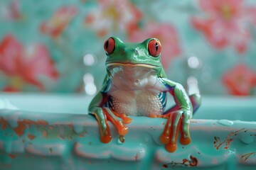 Red eyed tree frog relaxing in a colorful sink