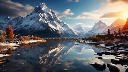 Wall Mural - Snowy Mountains With Lake Alpine Landscape Background