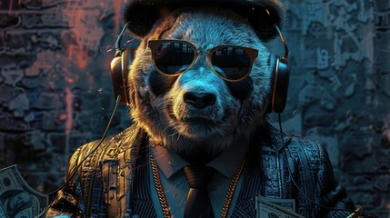 Wall Mural - Cool rich gangster boss panda hipster with business suit and tie, sunglasses, hat, headphones, gold chain and money dollars