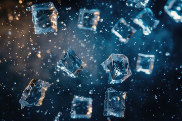 Canvas Print - A cluster of ice cubes suspended in mid-air, ideal for illustrations on cold weather or winter-themed concepts