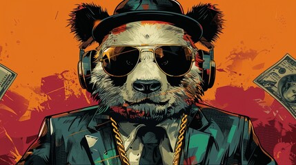 Wall Mural - Cool rich gangster boss panda hipster with business suit and tie, sunglasses, hat, headphones, gold chain and money dollars