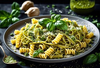 delicious handcrafted pasta dish homemade pesto sauce plate, artisanal, fresh, gourmet, italian, traditional, cuisine, meal, dinner, lunch, cooking, culinary,