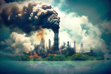 Wall Mural - A large industrial complex spews thick black smoke into the air, polluting the environment