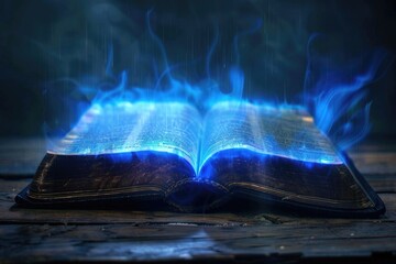Wall Mural - An open book with blue flames burning at the top, perfect for depicting curiosity, knowledge, or passion