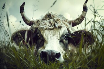 Sticker - A cow with exaggerated features grazing in a field of green grass, A surreal cow with exaggerated features, such as oversized horns or exaggerated eyes