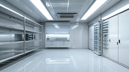 Wall Mural - A wide-angle view of an industrial food storage freezer, showcasing its pristine white interior. The freezer is equipped with shelving units and a large refrigerator