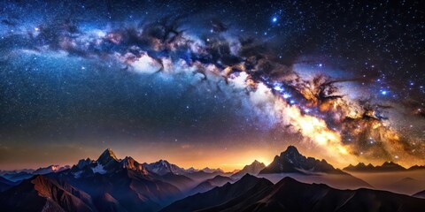 Canvas Print - Milky Way galaxy shining brightly over the majestic silhouette of a mountain range, Milky Way, galaxy, stars, sky, night