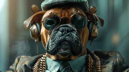 Wall Mural - Cool rich gangster boss dog hipster with business suit and tie, sunglasses, hat, headphones, gold chain and money dollars