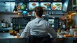 © atipong - Chef sits at his desk, planning recipes and managing kitchen staff schedules on multi computer screens. It is a wide shot taken with high resolution photography, view from behind