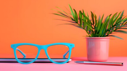 Blue glasses on a desk with a potted plant and an orange background, creating a fresh and vibrant workspace aesthetic.
