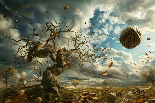 A walnut tree stands alone in the middle of a vast field, A surreal depiction of a walnut falling from a tree