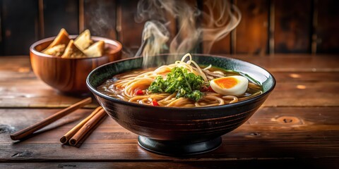 Sticker - Delicious bowl of steaming hot ramen in a cozy restaurant setting, Japanese cuisine, noodles, broth, hot soup, authentic