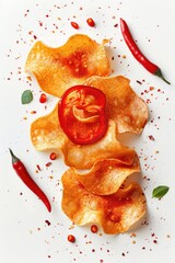 Wall Mural - Freshly prepared snack with crunchy chips and juicy tomato on a white plate