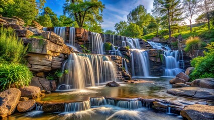 Poster - Scenic waterfall cascading down rocks in a peaceful park setting, waterfall, park, nature, scenery, tranquil, serene, landscape