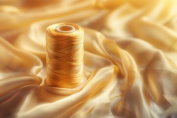 Wall Mural - A single spool of thread sits atop a white cloth, ready for use