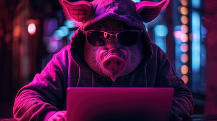 Funny pig in sunglasses working on the laptop in the night. Hacker in hoodie dark neon theme