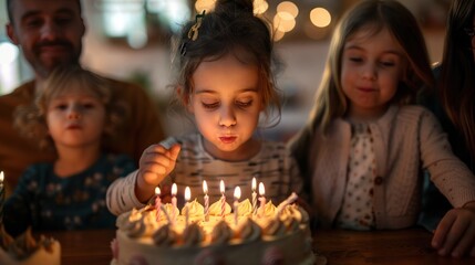 Wall Mural - A child blowing out candles on a birthday cake with family gathered around