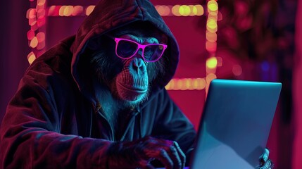 Wall Mural - Funny monkey in sunglasses working on the laptop in the night. Hacker in hoodie dark neon theme