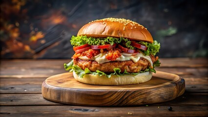 Wall Mural - Delicious chicken burger with crispy bacon and sauce on a rustic wooden board, chicken burger, crispy bacon, sauce