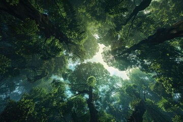 Wall Mural - View from below looking up at the tree canopy in a forest with sunlight filtering through