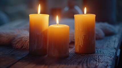 Sticker - A trio of lit candles placed on a wooden surface, perfect for use in still life photography or as a symbol of warmth and comfort