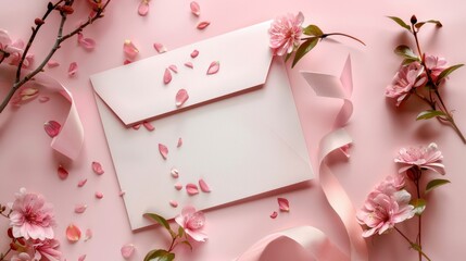 An envelope, ribbon, and flowers are attached to a pastel pink background on a blank paper card. Wedding stationery set, top view