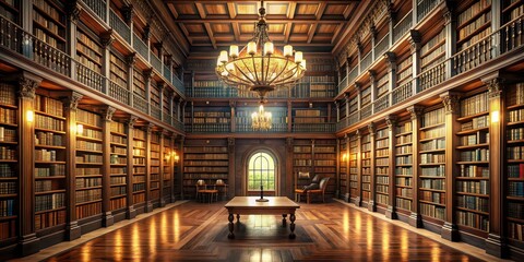 Canvas Print - Classic library with rows of books and soft lighting, library, books, vintage, reading, education, knowledge, literature