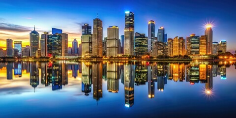 Sticker - Illuminated skyline of a modern cityscape with reflective skyscrapers at dusk, urban, city lights, architecture, buildings